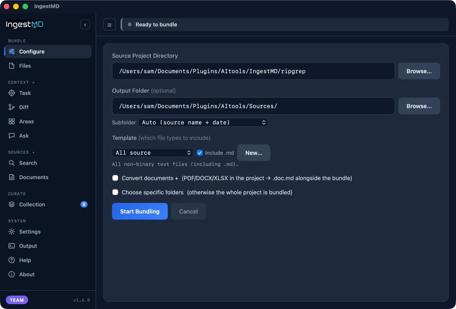 IngestMD Configure tab, picking a folder to bundle