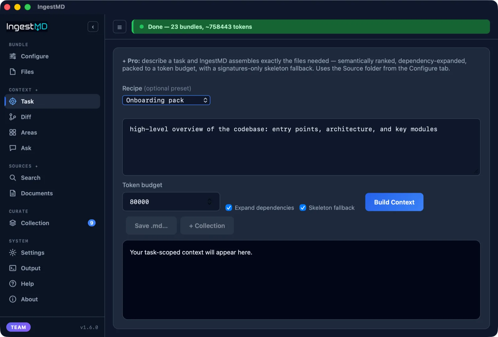 IngestMD building task-scoped context for a job