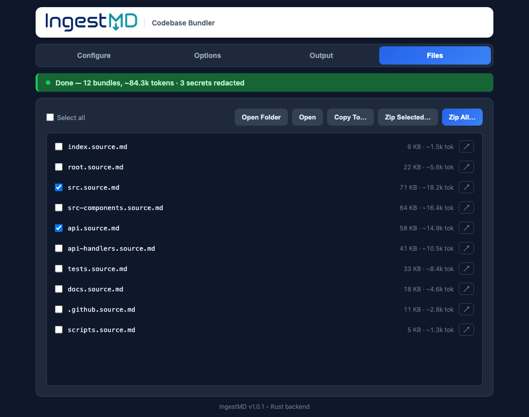 Preview, open, copy, or zip the generated bundles.