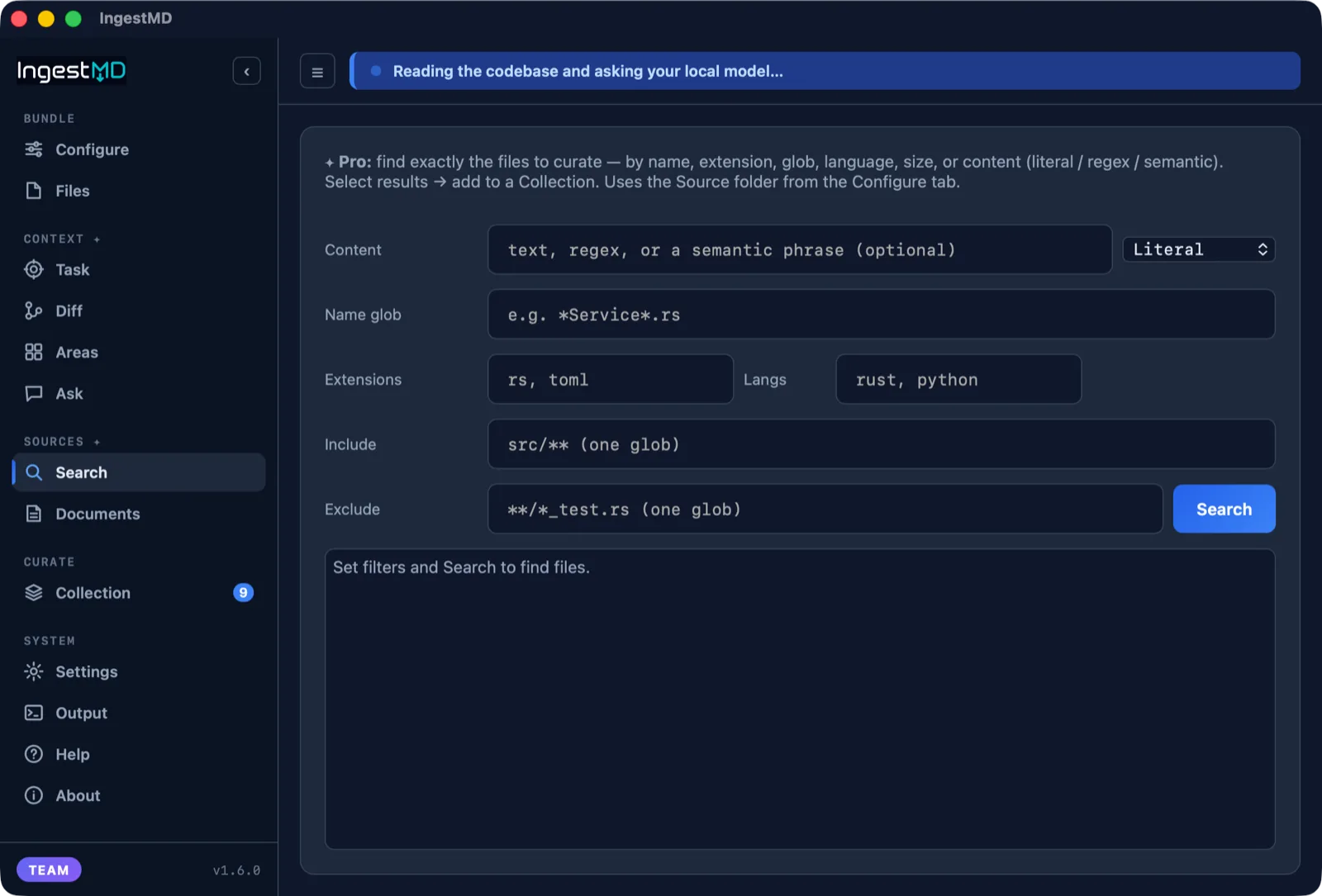 Search (Pro): find files by name, type, language, or content.