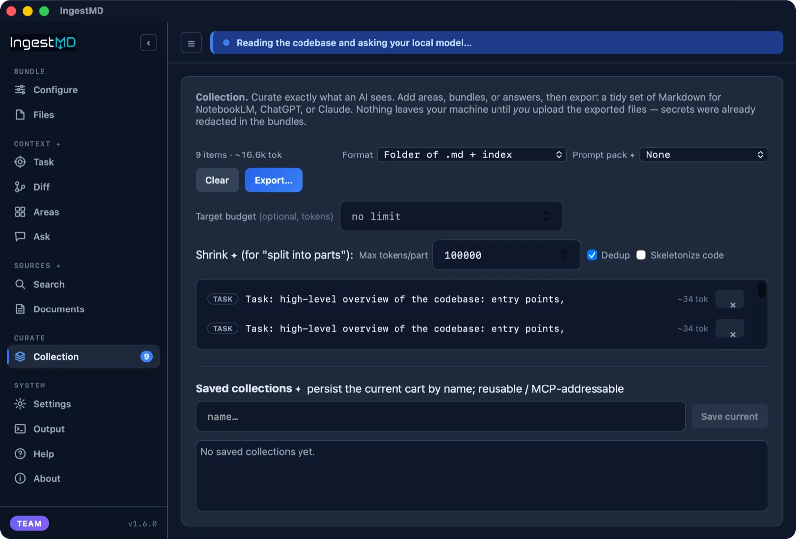 Collection: curate exactly what you hand an AI, then export it.